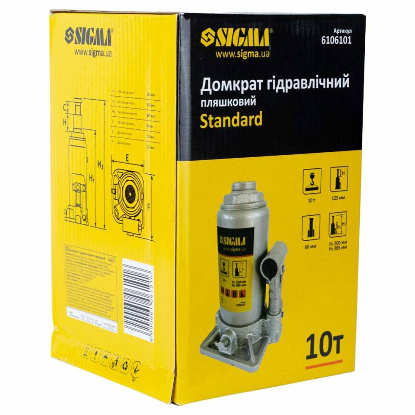 Домкрат гідравлічний пляшковий 10т H 200-385мм Standard Sigma (6106101)-6106101