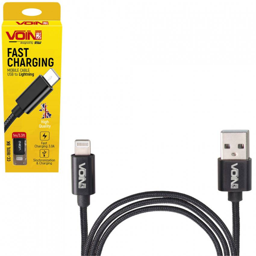 Кабель VOIN USB - Lightning 3А, 1m, black (швидка зарядка/передача даних)-CC-1801L BK