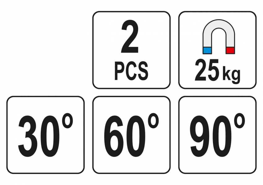 Кути магнітні для зварювання YATO: кут: 30°, 60°, 90°, сталеві, сила утримування - 25 кг, 2 шт.-YT-08722