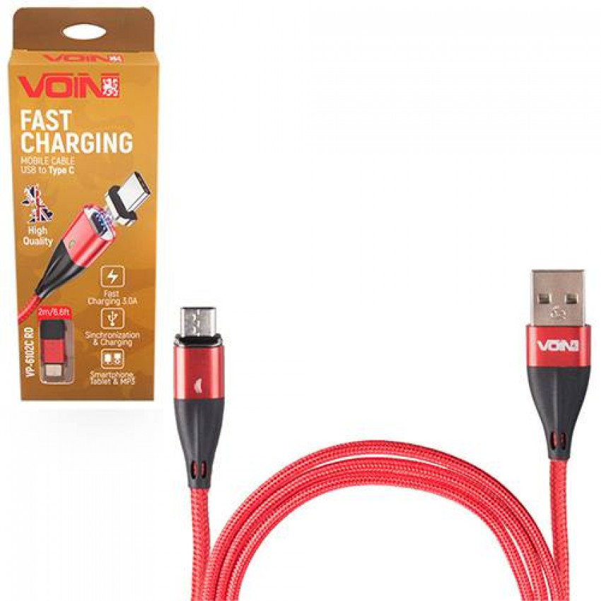 Кабель магнітний VOIN USB - Type C 3А, 2m, red (швидка зарядка/передача даних)-VP-6102C RD