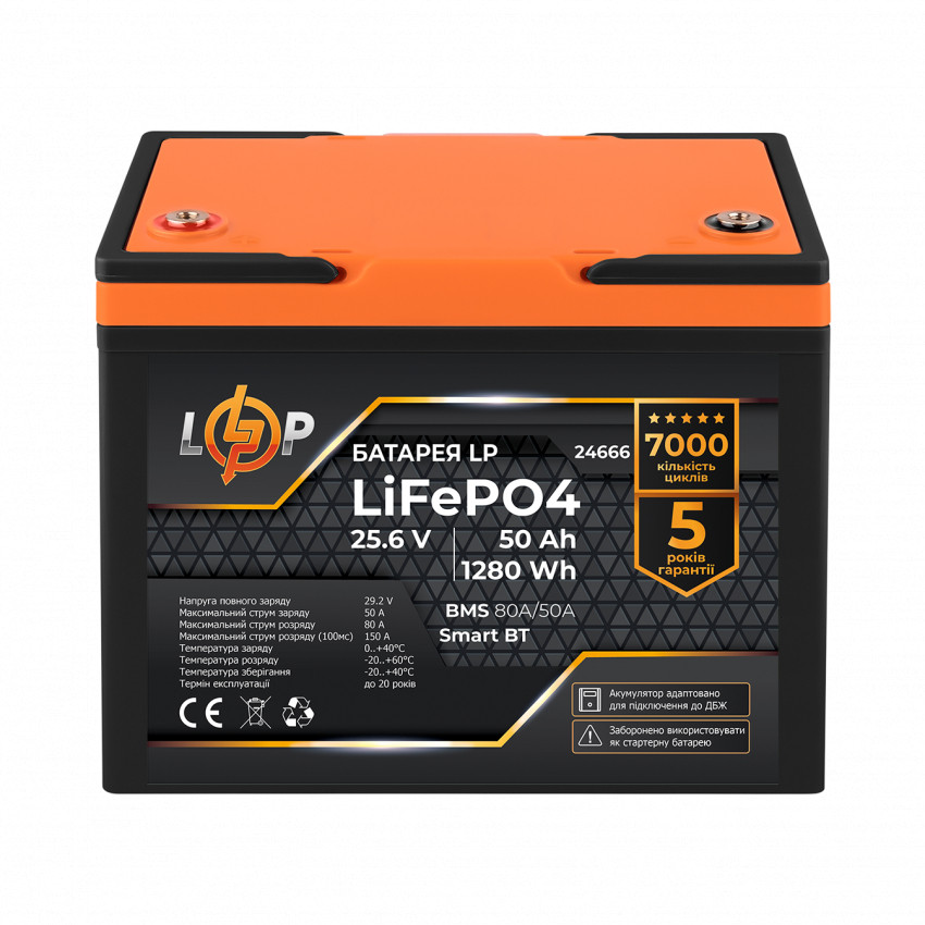 Акумулятор LP LiFePO4 25,6V - 50 Ah (1280Wh) (BMS 80A/50А) пластик Smart BT-