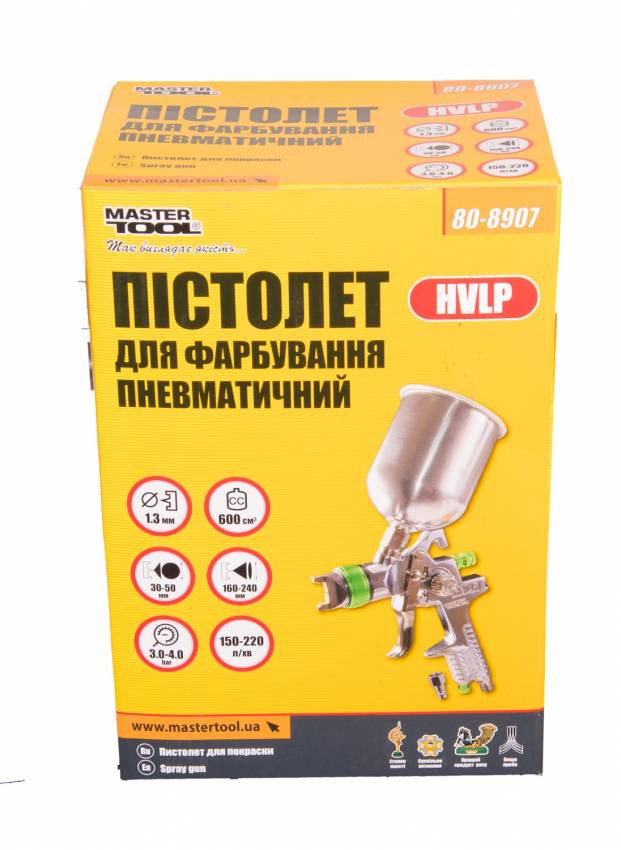 Фарбопульт MASTERTOOL HVLP ВБ 600 мл алюміній Ø1.3 мм 150-220 л/хв 3-4 бар тип А 80-8907-80-8907