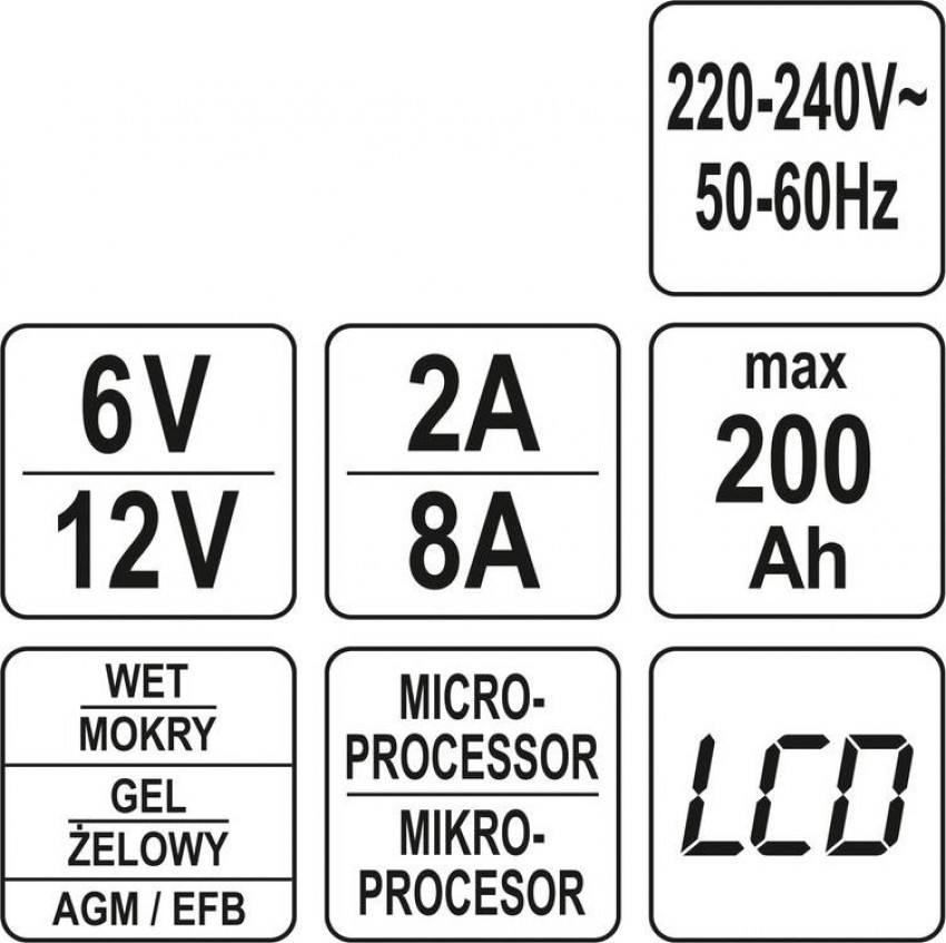 Зарядний прилад мережевий з LCD дисплеєм 230В YATO до акумуляторів 6V-2А 12V-8А, макс. 240 AГод-YT-83001