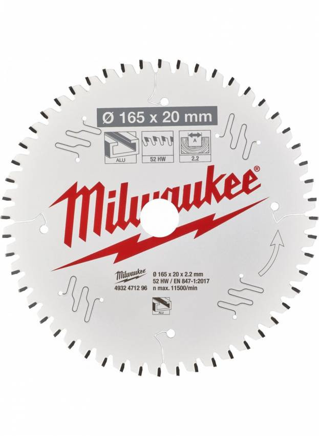 Диск пильний Alu PFTE MILWAUKEE, Ø165х20х2, 2мм, 52 зуб.-4932471296