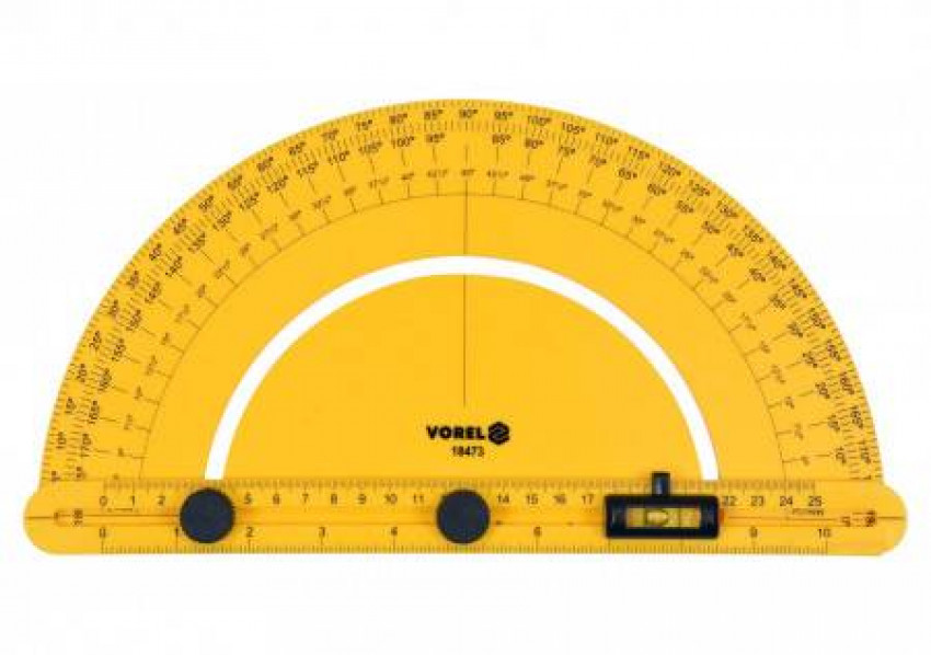 Транспортир VOREL зі шкалою 0-180? і рухомим рівнем l=250 мм, з блокувальними гвинтами-18473--VR