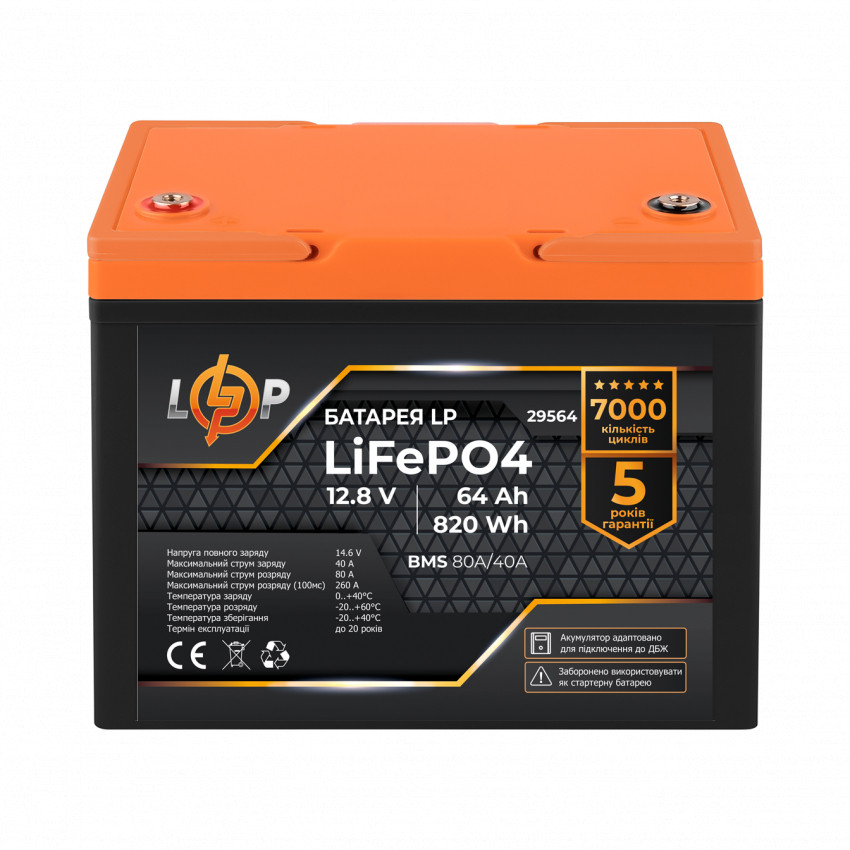 Акумулятор LP LiFePO4 12,8V - 64 Ah (820Wh) (BMS 80A/40А) пластик для ДБЖ-