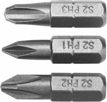 Викруткові насадки YATO: &quot;Phillips&quot; PH1, PH2, PH3 x 25 мм, HEX 1/4&quot;, AISI S2, 3 шт-[articul]