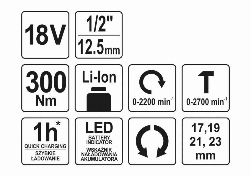 Гайковерт ударний акумуляторний YATO : квадрат 1/2", 300 Нм, Li-Ion 18 В, 4 головки, БЕЗ АКУМУЛЯТОРА-YT-82805