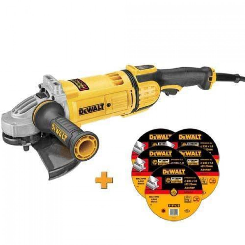 Кутова шліфувальна машина DeWalt DWE4579, 2600Вт, d=230 мм, 6500 об/хв, 5.7 кг. обр. коло (5шт.)-DWE4579M