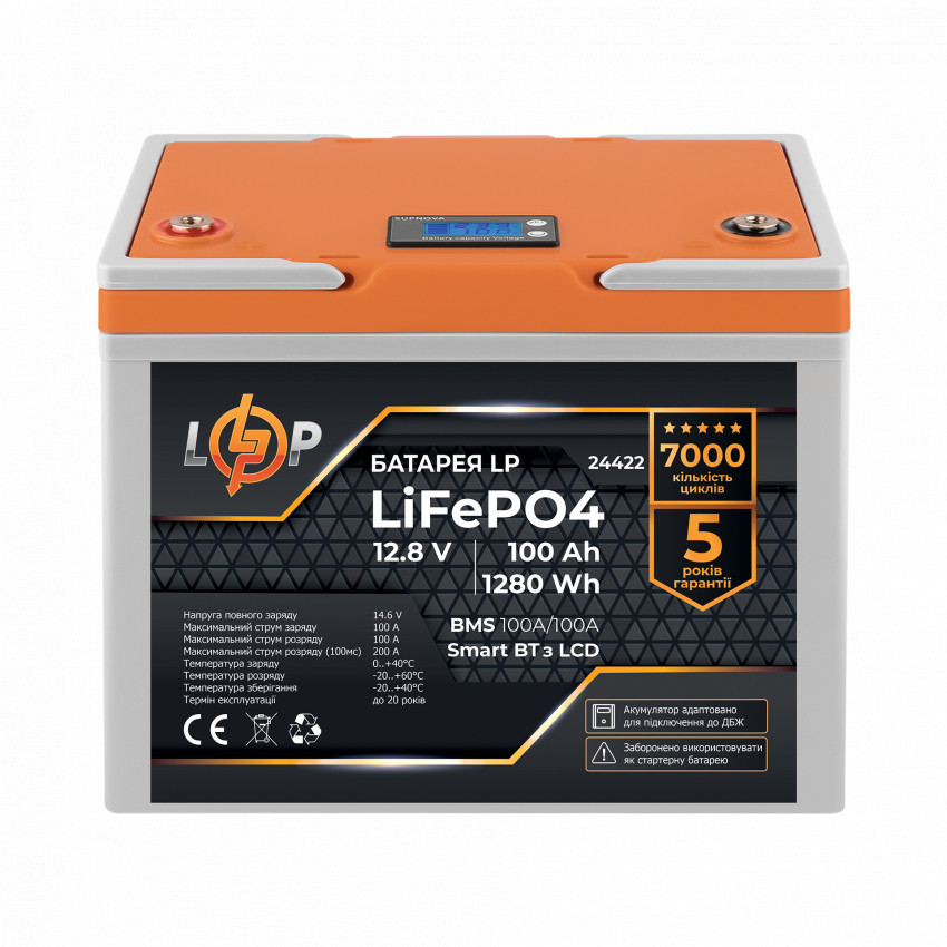 Акумулятор LP LiFePO4 12,8V - 100 Ah (1280Wh) (BMS 100A/100А) пластик LCD Smart BT-