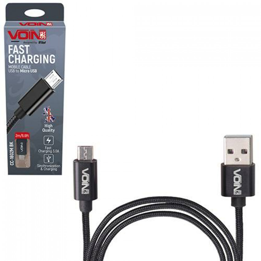 Кабель VOIN USB - Micro USB 3А, 2m, black (швидка зарядка/передача даних)-CC-1802M BK