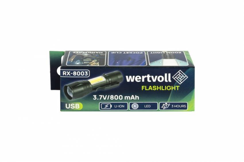 Ліхтар із регулюванням фокусу WERTVOLL 3 режими LED/COB LED Li-ion 800 mAh/t 8000 K/300 lum AL 91х26 мм RX-8003-RX-8003