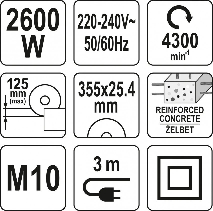 Різак по бетону і силікату ел.-мереж. 230 В YATO; 2600 Вт, диск Ø= 355/25,4мм, макс глиб різа- 125мм-YT-82158