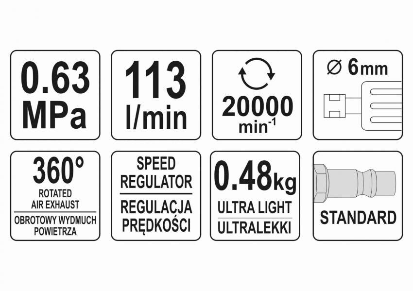 Шліфмашина пневматична, кутова YATO зі шпинделем Ø= 6 мм, Ø= 1/4", 6.3 Bar, 113 л/хв-YT-09676