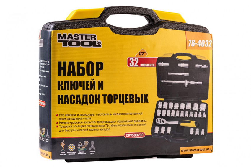 Набір насадок торцевих MASTERTOOL PROFI CrV 1/2" 8-32 мм тріскачка 72Т 32 шт кейс 78-4032-78-4032