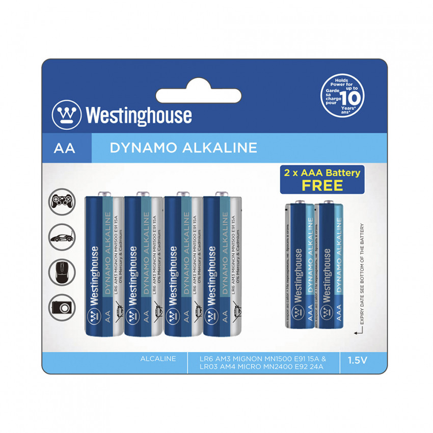 Лужна батарейка Westinghouse Dynamo Alkaline 4шт AA/LR6 + 2шт AAA/LR03 уп/blister-4LR6+2LR03-BP