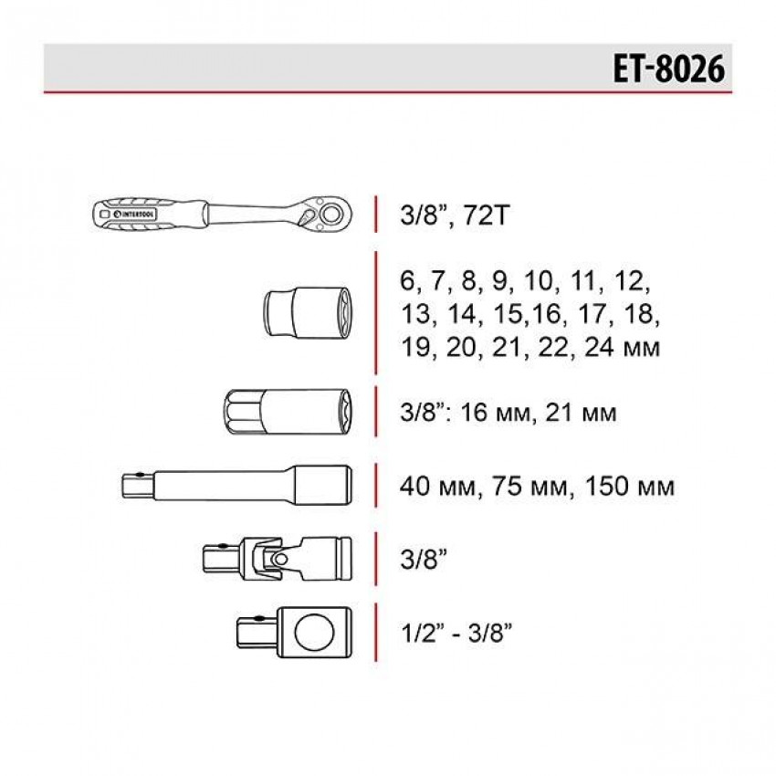 Набір інструментів 3/8", 26 од., Cr-V STORM INTERTOOL ET-8026-ET-8026