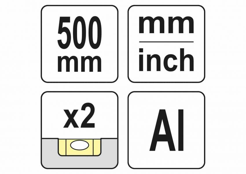Лінійка алюмінієва з ручкою YATO : 500 x 59 x 2 мм, 2 капсули-YT-70713