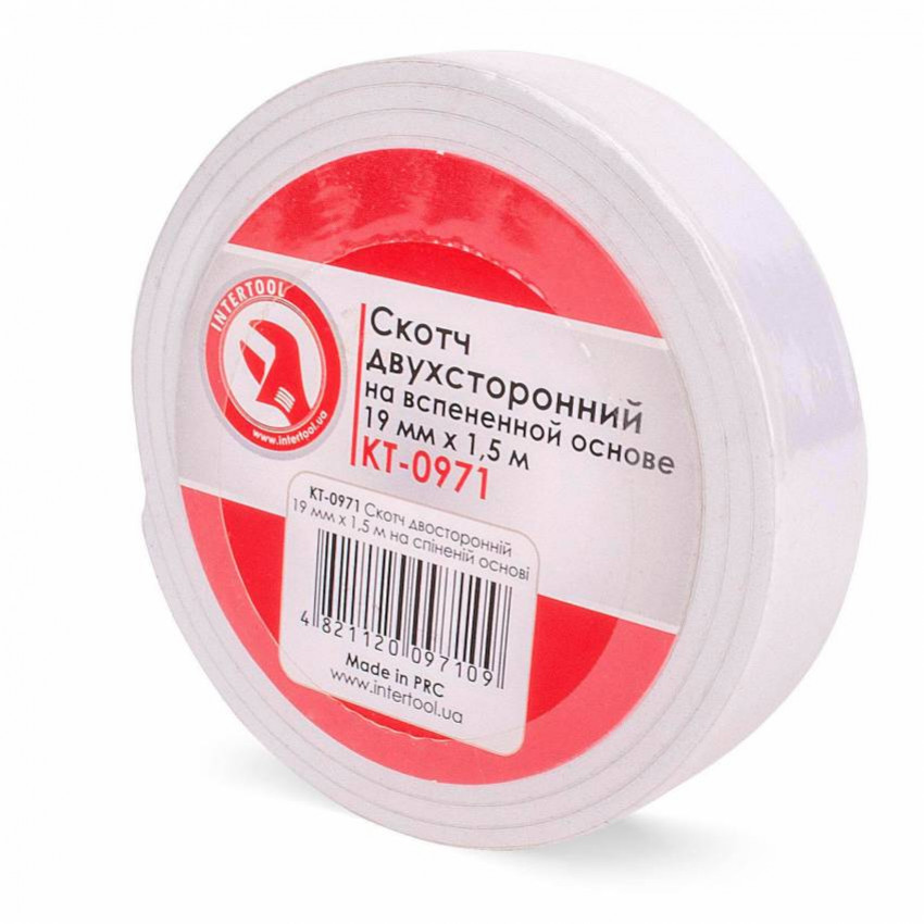 Скотч двосторонній 19 мм * 1.5 м на спіненій основі INTERTOOL KT-0971-KT-0971