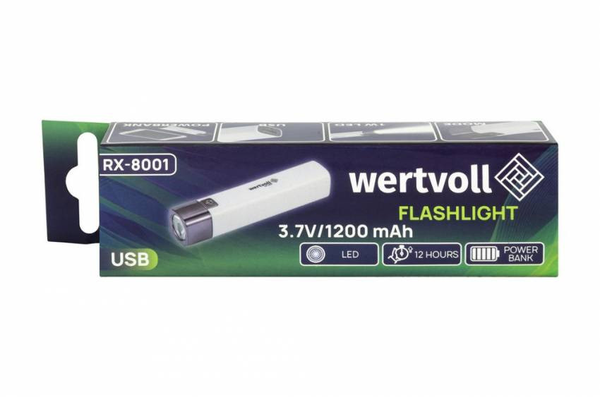 Ліхтар WERTVOLL 3 режими LED Li-ion 1200 mAh/t 7000 K/80 lum powerbank ABS 122х25 мм WHITE RX-8001-RX-8001