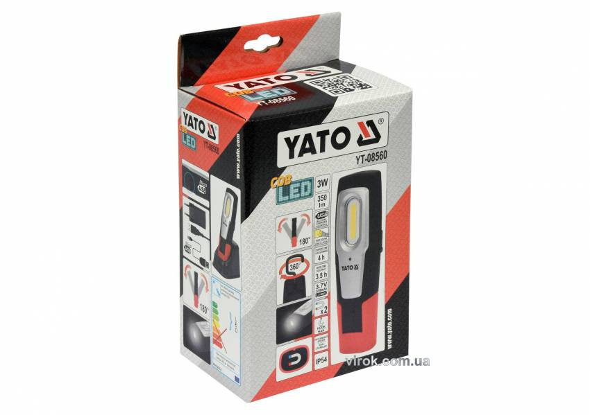 Ліхтар світлодіодний COB LED акумул. YATO Li-Ion 3.7 В, 2.2 АГод, 3 1 Вт, 350 100 лм, гачок, магніт-YT-08560