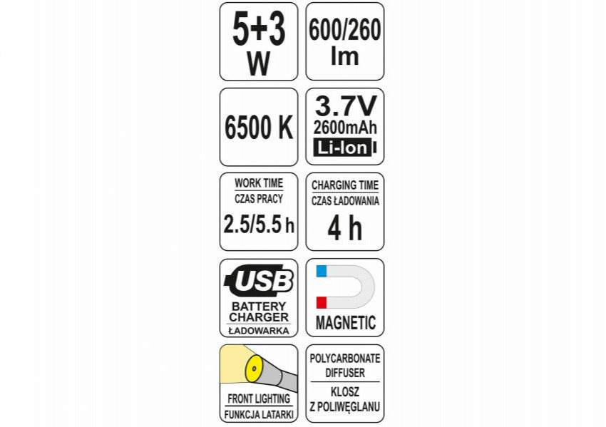 Лампа світлодіодна для майстерні YATO; 3.7 В акумулятор. Li-Ion, 2 режими: 5 3 Вт, 600/260 Lm-YT-08518