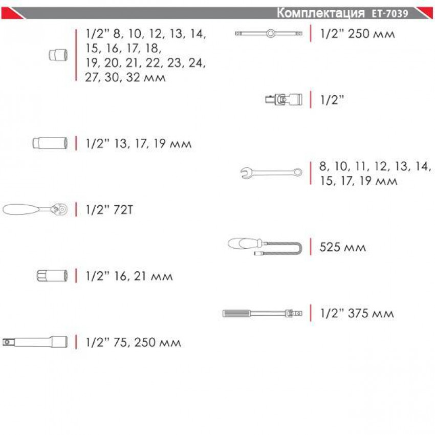 Професійний набір інструменту 39 од., 1/2", Cr-V INTERTOOL ET-7039-ET-7039