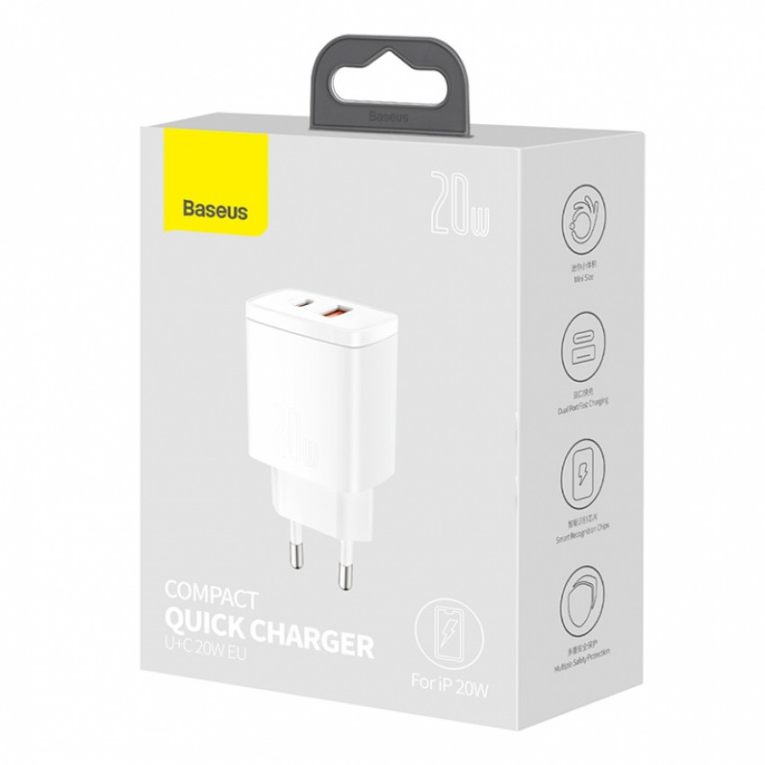 Зарядний пристрій Baseus Compact Quick Charger USB+Type-C 20W Білий (CCXJ-B02)-