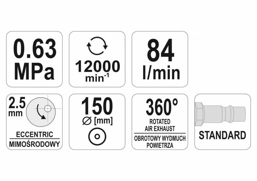 Шліфмашина пневматична YATO ексцентрикова з диском Ø=150 мм, 0.63 MPa, потреб. повітря-84 л/хв-YT-09739