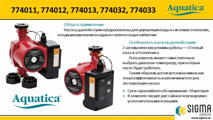 Насос циркуляційний з термодатчиком 100Вт Hmax 6м Qmax 75л/хв Ø1½" 130мм гайки Ø1" AQUATICA (774033)-774033