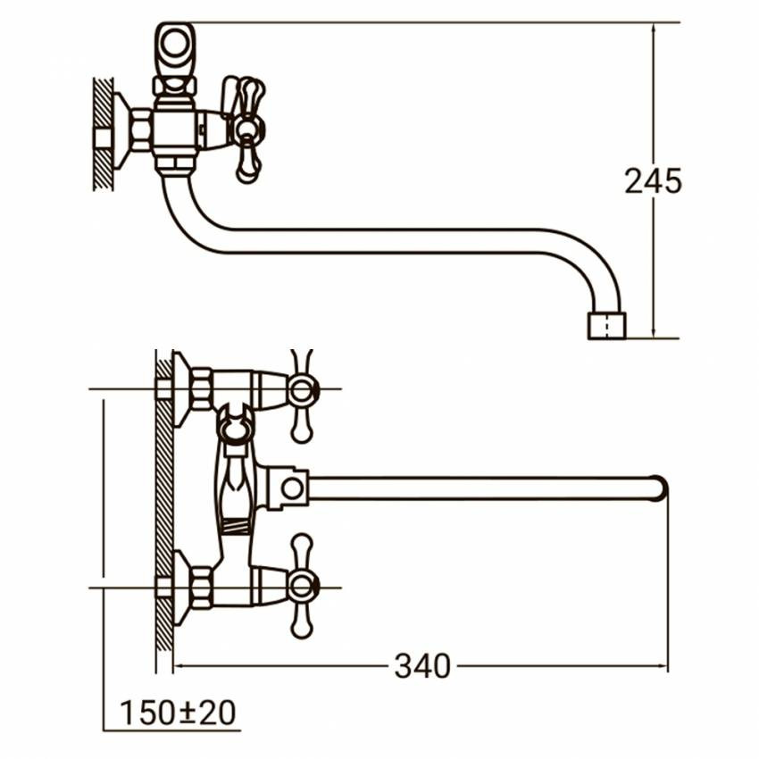 Змішувач PM 1/2" для ванни гуска вигнутий дивертор AQUATICA-PM-5C457C