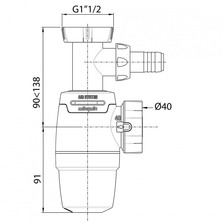 Сифон для кухонної мийки Neo Air 1½"×Ø40мм з підведенням WIRQUIN (9542321)-9542321
