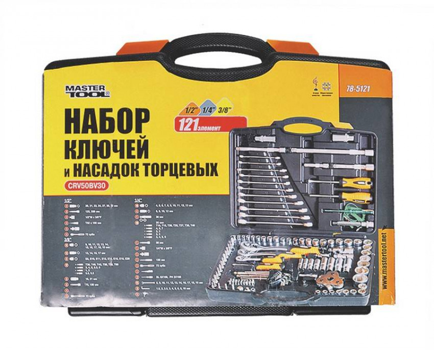 Набір ключів і насадок торцевих MASTERTOOL PROFI 1/4"-3/8"-1/2" тріскачка 72Т 121 шт кейс 78-5121-78-5121