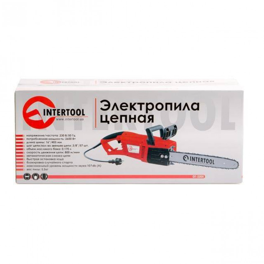 Пила ланцюгова 2600 Вт, 840 м/хв, шина 405 мм, 230 В, прямий двигун INTERTOOL DT-2205-DT-2205